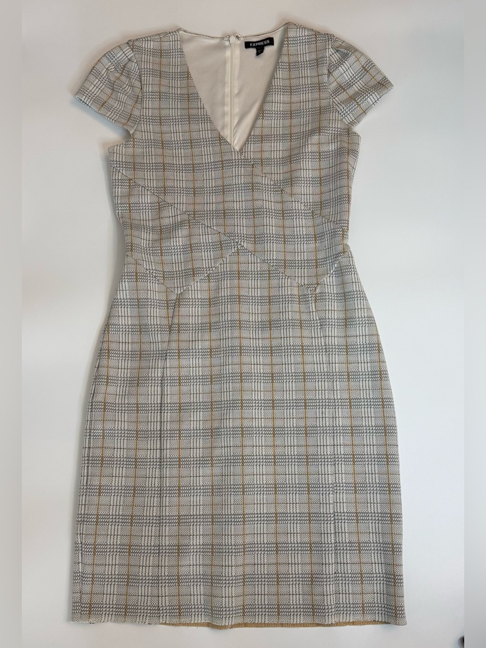 Express Cream / Yellow Plaid V-Neck Cap-Sleeve Midi Dress